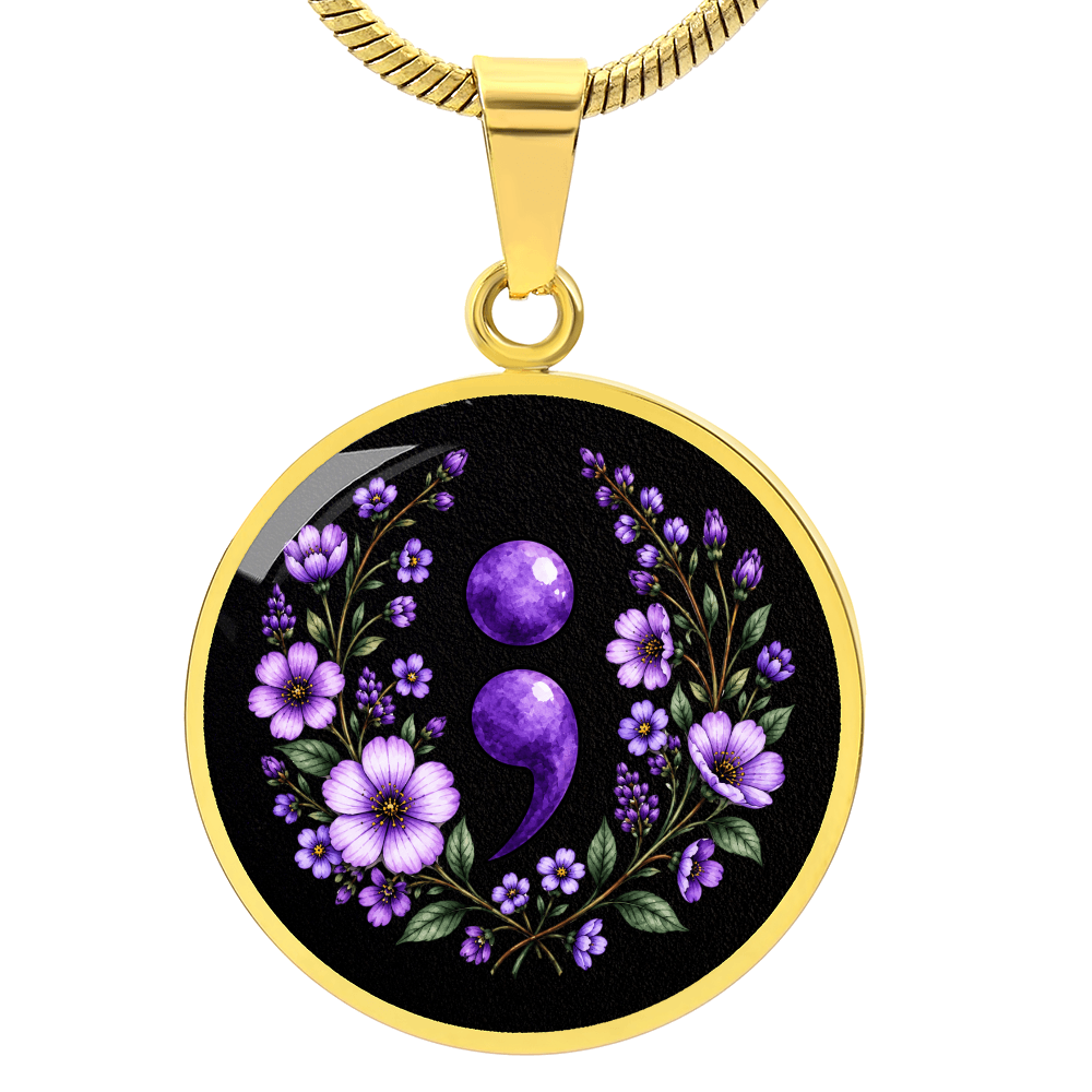 Purple Semicolon Wildflower Pendant Necklace | Suicide Awareness & Prevention Jewelry