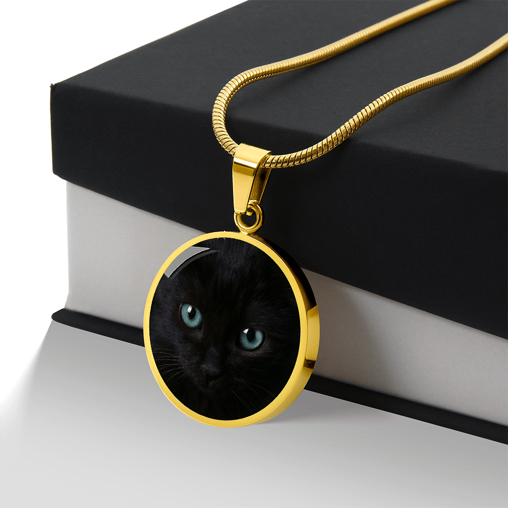 Black Cat Blue Eyes Circle Pendant Necklace