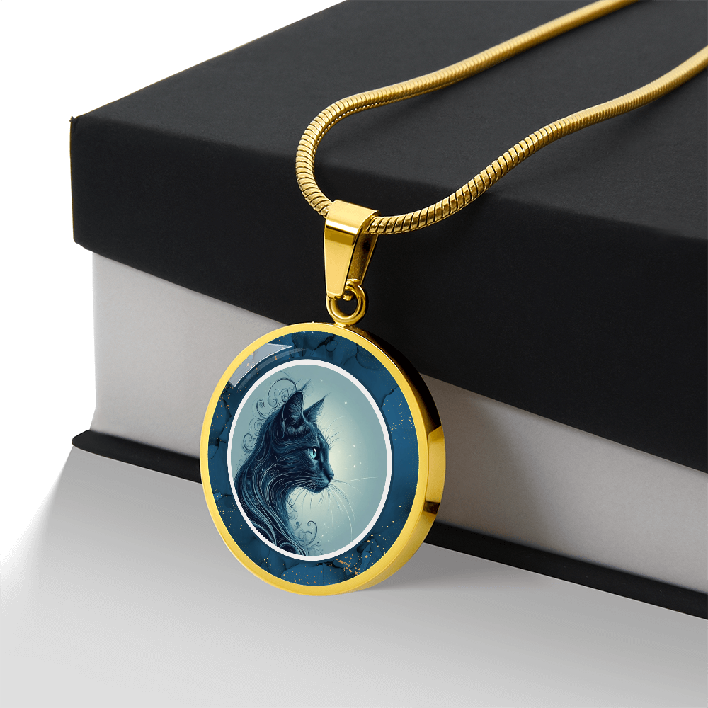 Blue Cat with Gold Accents Pendant Necklace