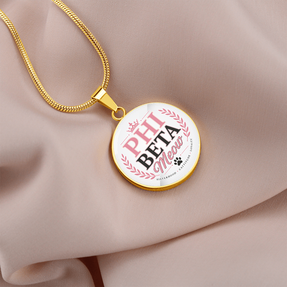 Phi Beta Meow Cat Lover Circle Pendant Necklace