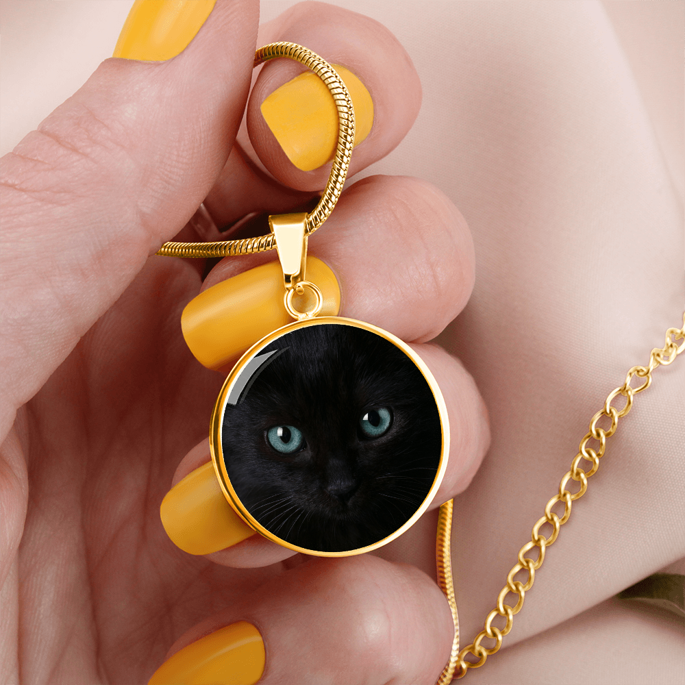 Black Cat Blue Eyes Circle Pendant Necklace