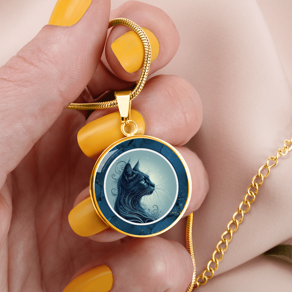 Blue Cat with Gold Accents Pendant Necklace