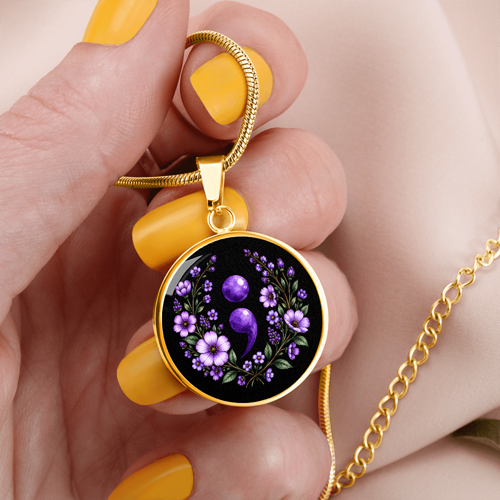 Purple Semicolon Wildflower Pendant Necklace | Suicide Awareness & Prevention Jewelry