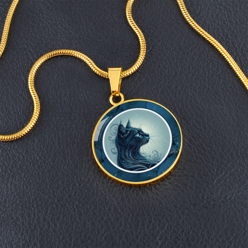 Blue Cat with Gold Accents Pendant Necklace