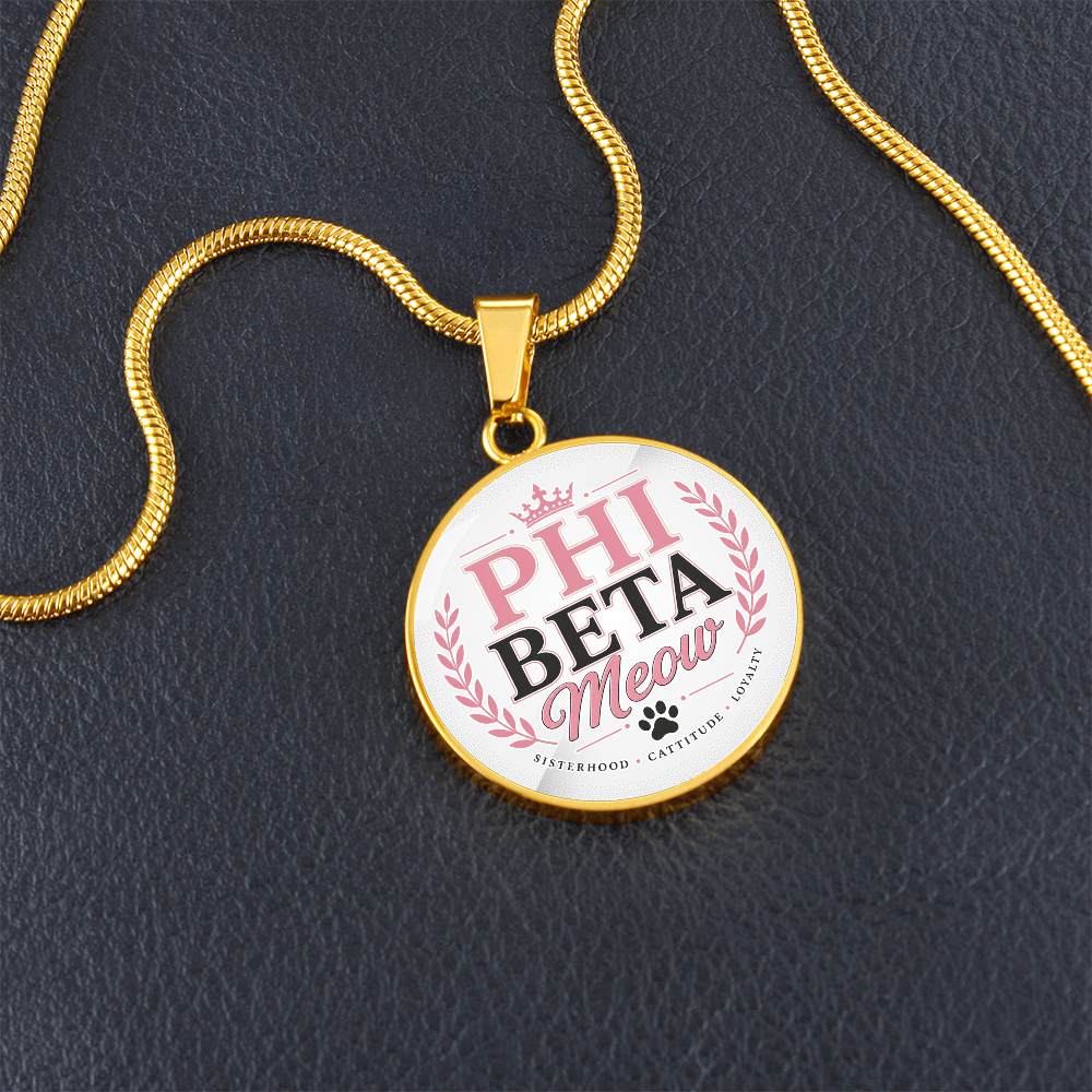 Phi Beta Meow Cat Lover Circle Pendant Necklace