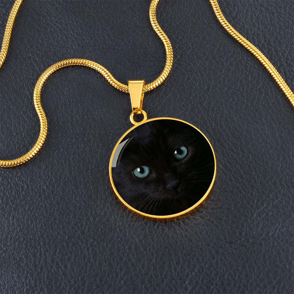 Black Cat Blue Eyes Circle Pendant Necklace