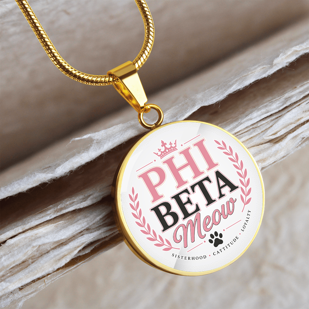 Phi Beta Meow Cat Lover Circle Pendant Necklace