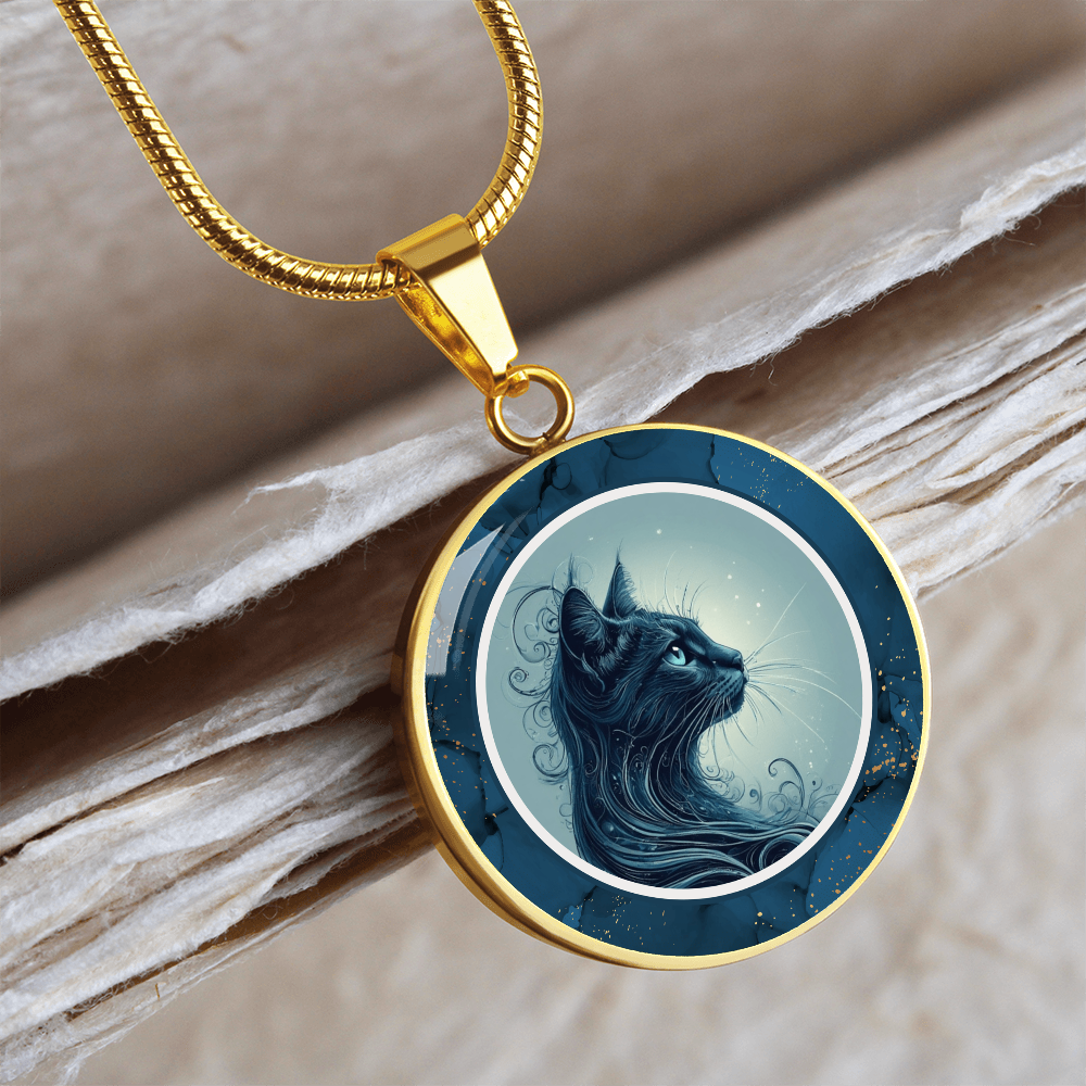 Blue Cat with Gold Accents Pendant Necklace
