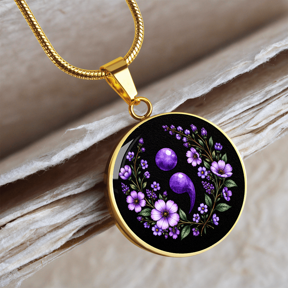 Purple Semicolon Wildflower Pendant Necklace | Suicide Awareness & Prevention Jewelry
