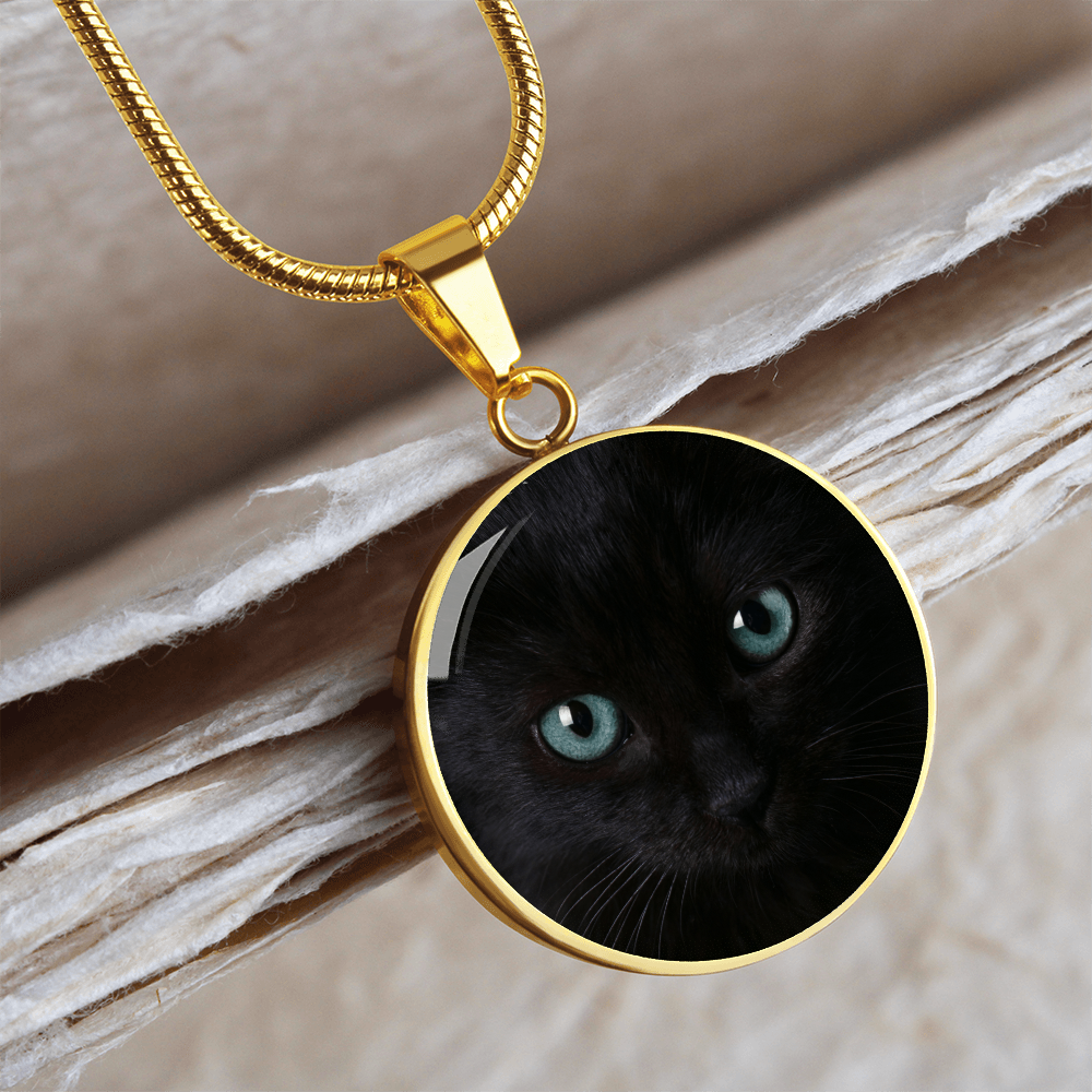 Black Cat Blue Eyes Circle Pendant Necklace