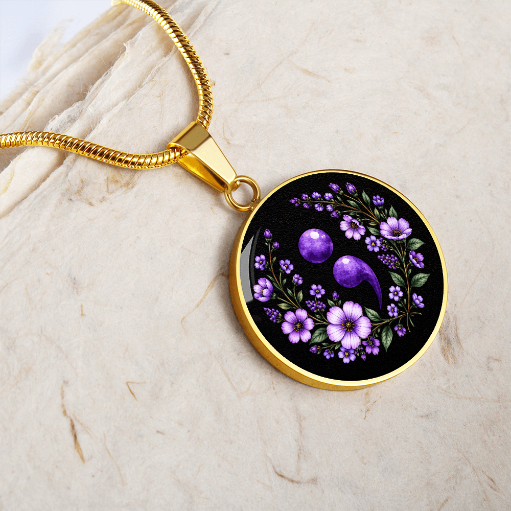 Purple Semicolon Wildflower Pendant Necklace | Suicide Awareness & Prevention Jewelry