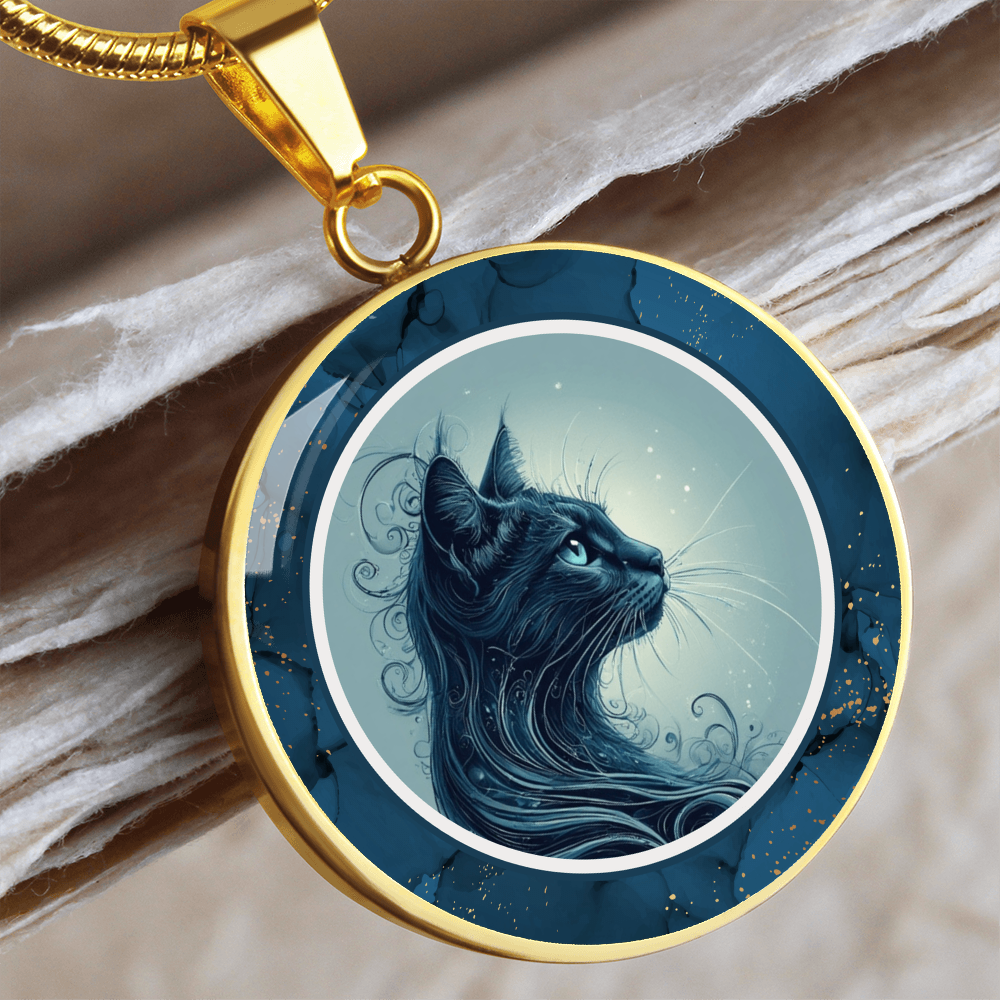 Blue Cat with Gold Accents Pendant Necklace