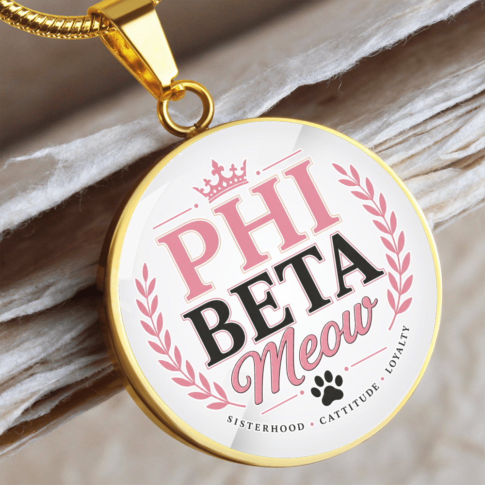 Phi Beta Meow Cat Lover Circle Pendant Necklace