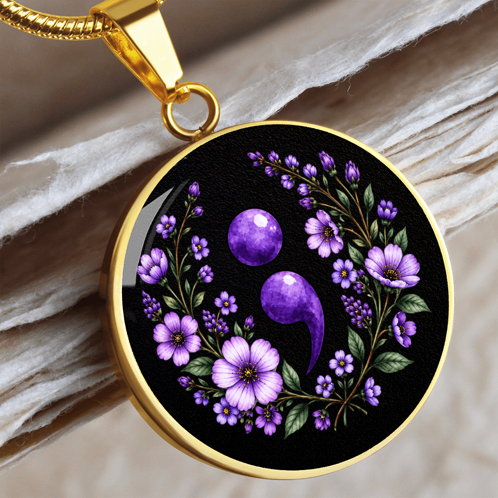 Purple Semicolon Wildflower Pendant Necklace | Suicide Awareness & Prevention Jewelry