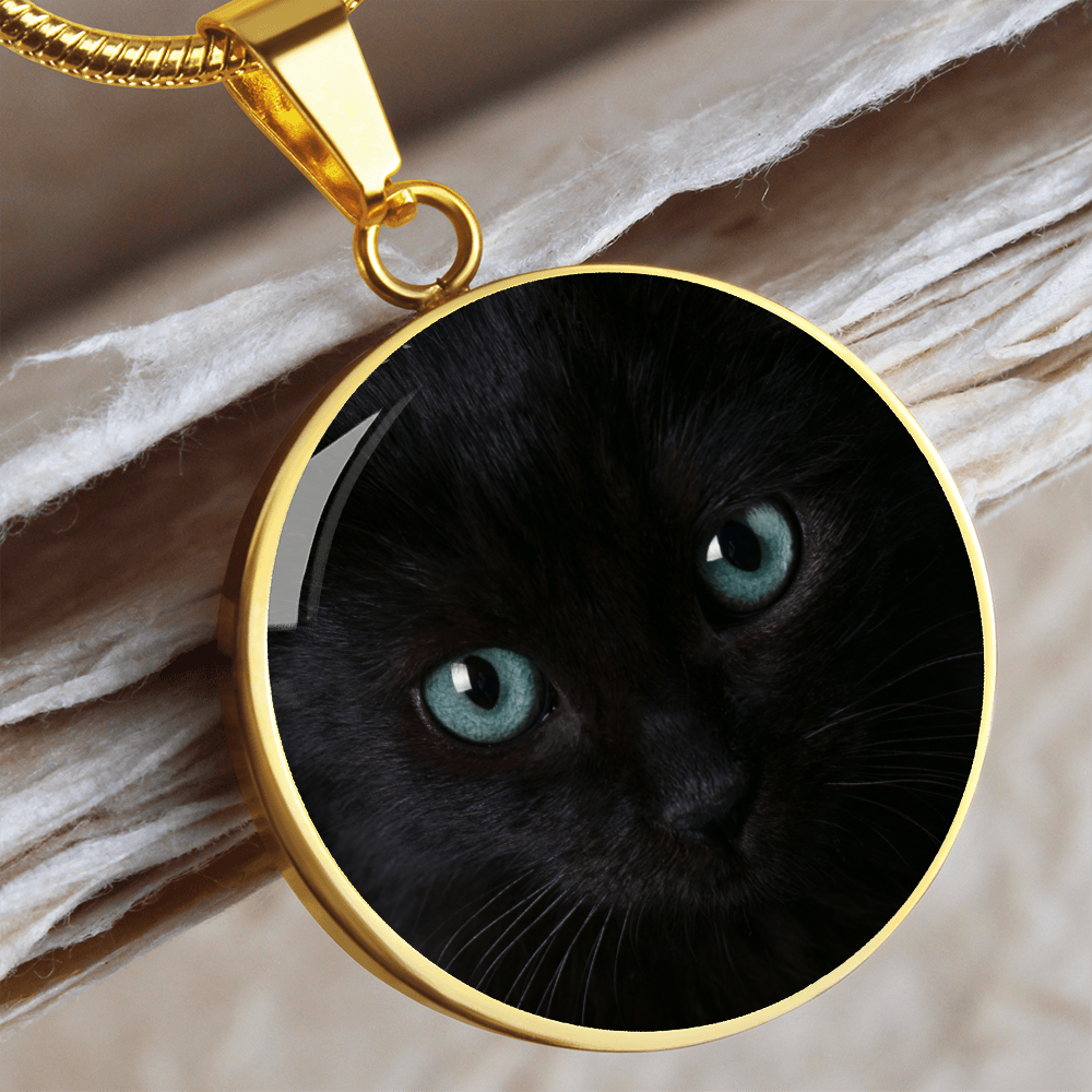 Black Cat Blue Eyes Circle Pendant Necklace