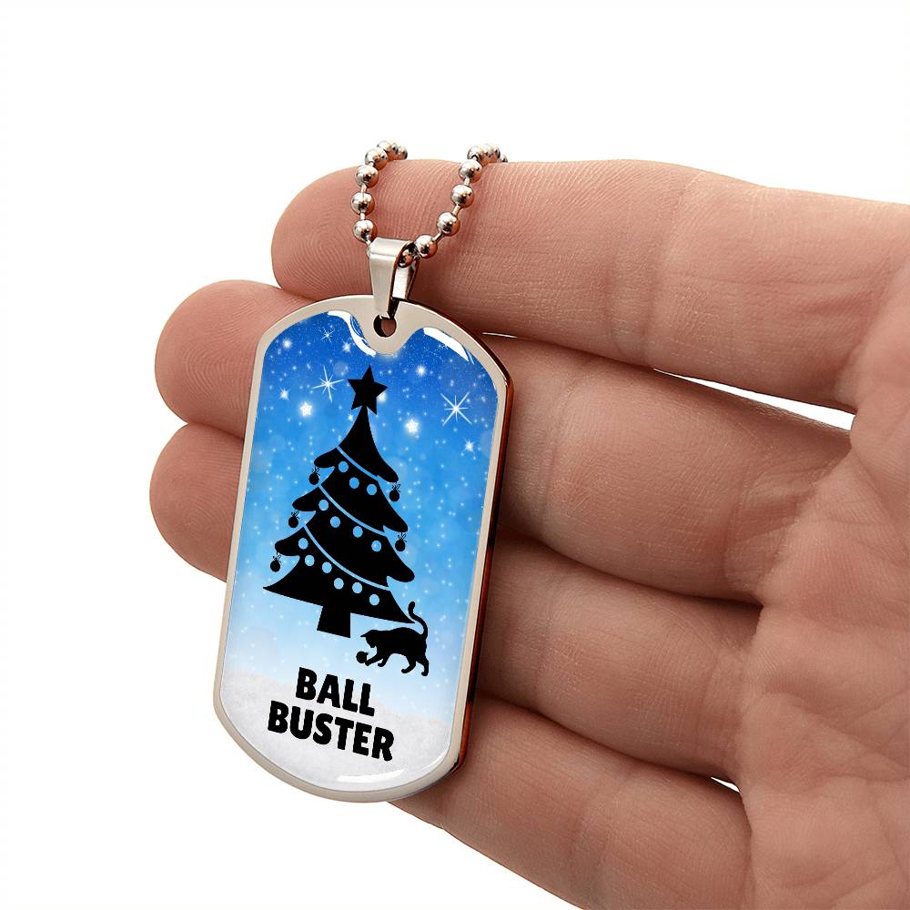 Photo depicting the ​Christmas Ball Buster Dog Tag Necklace from EpiAl's Shop.