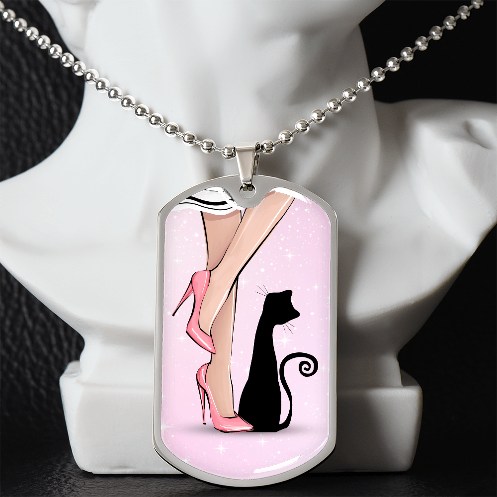 Pink Cat Lady Dog Tag Necklace