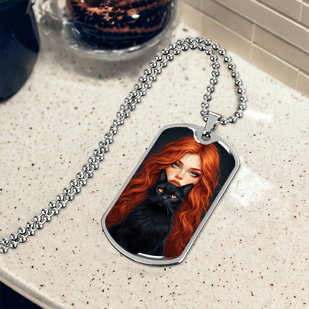 Red Haired Cat Lady Dog Tag Necklace