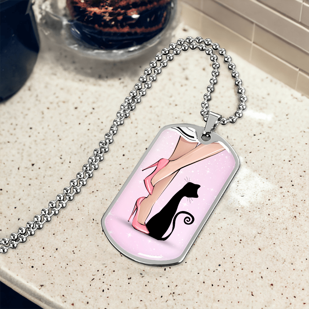 Pink Cat Lady Dog Tag Necklace