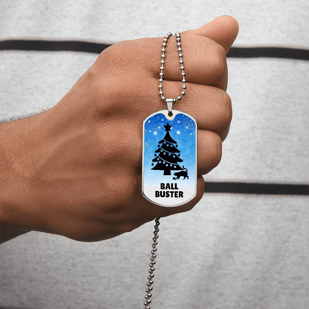 Photo depicting the ​Christmas Ball Buster Dog Tag Necklace from EpiAl's Shop.