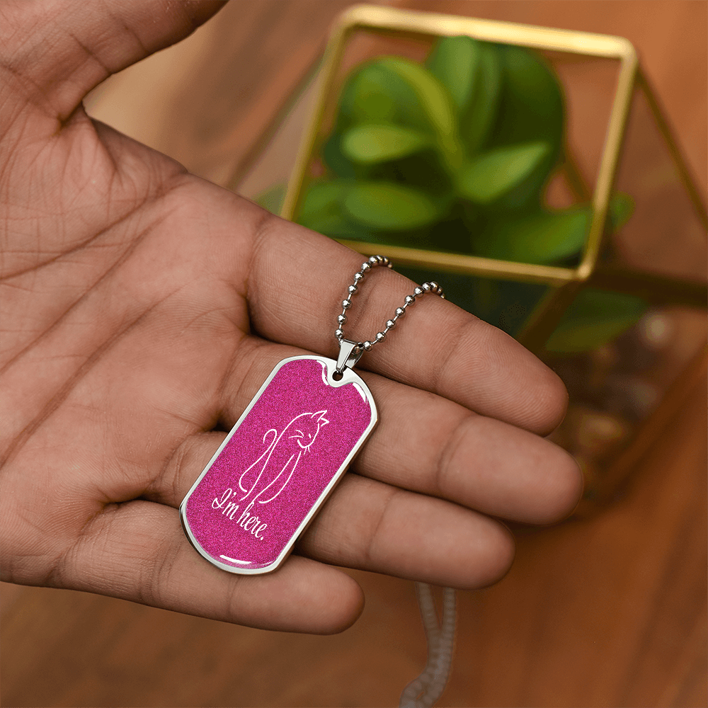 “I'm Here” Cat Line Art Dog Tag Necklace – Silver or Gold Finish