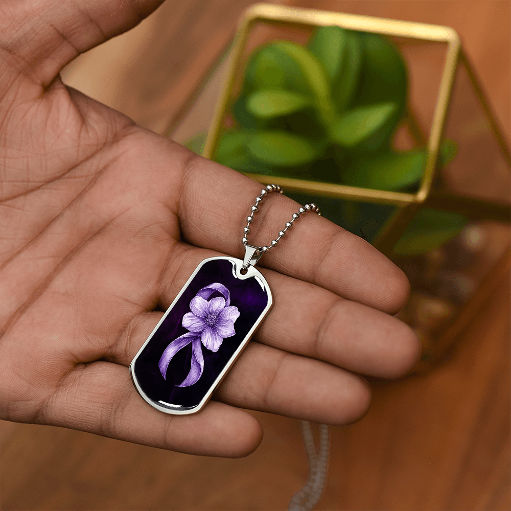 Flowery Purple Ribbon Dog Tag Necklace