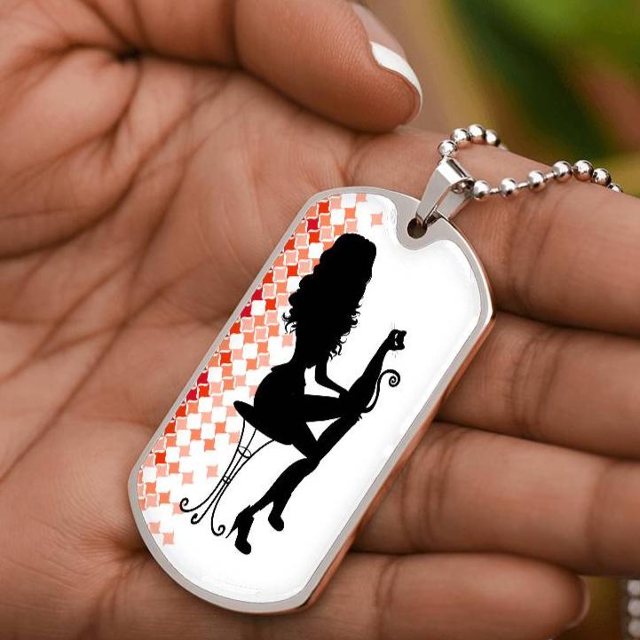 Photo depicting the ​Poised Cat Lady Dog Tag Necklace from EpiAl's Shop.