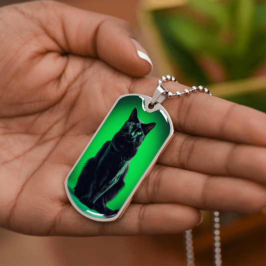 Vintage-esque Black Cat on Green Backdrop Necklace