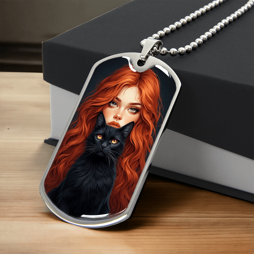 Red Haired Cat Lady Dog Tag Necklace