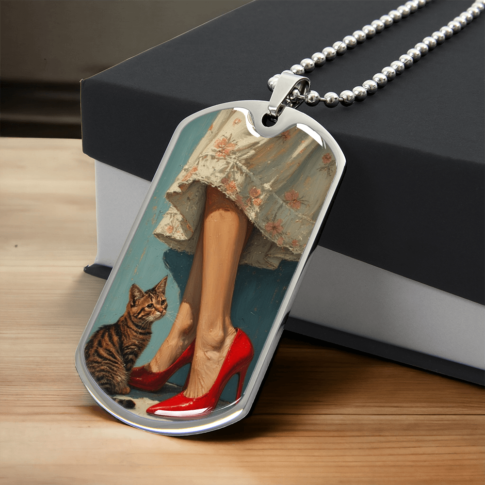 Cat Lady in Red Dog Tag Necklace