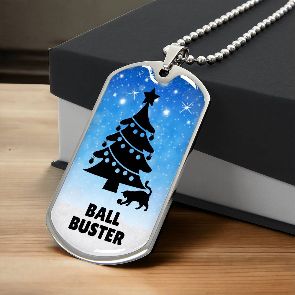 Photo depicting the ​Christmas Ball Buster Dog Tag Necklace from EpiAl's Shop.