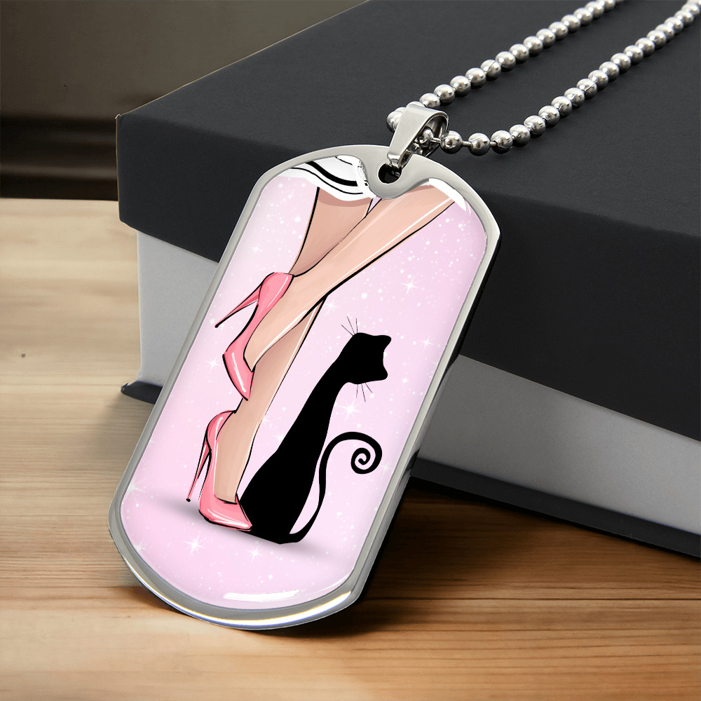 Pink Cat Lady Dog Tag Necklace