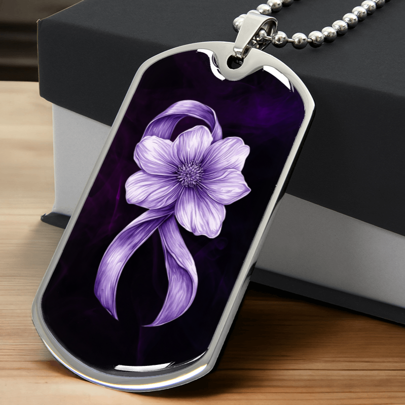 Flowery Purple Ribbon Dog Tag Necklace