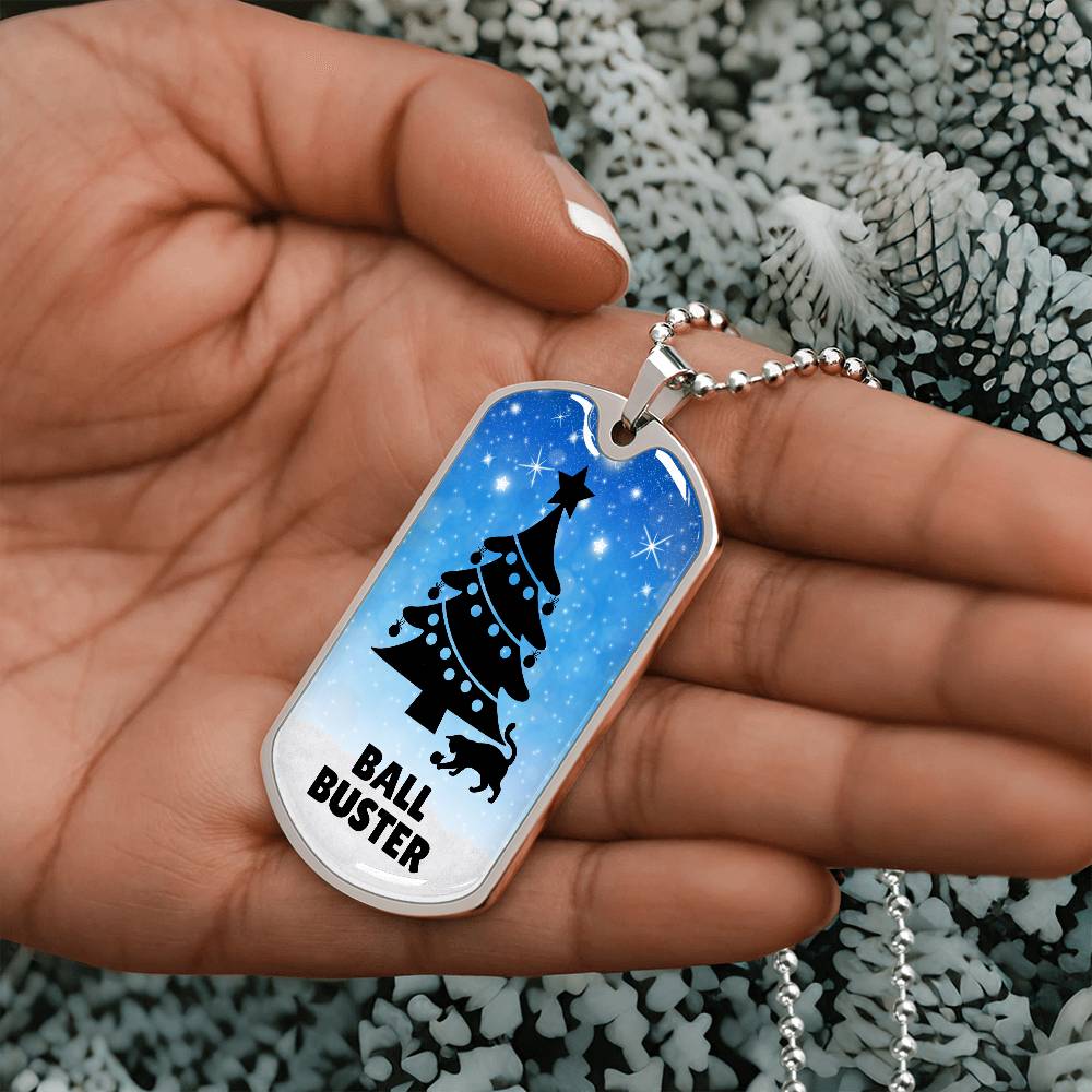 Photo depicting the ​Christmas Ball Buster Dog Tag Necklace from EpiAl's Shop.