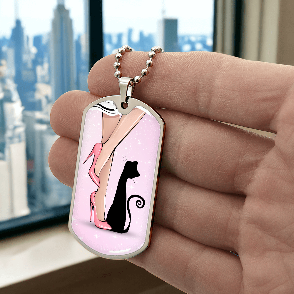 Pink Cat Lady Dog Tag Necklace