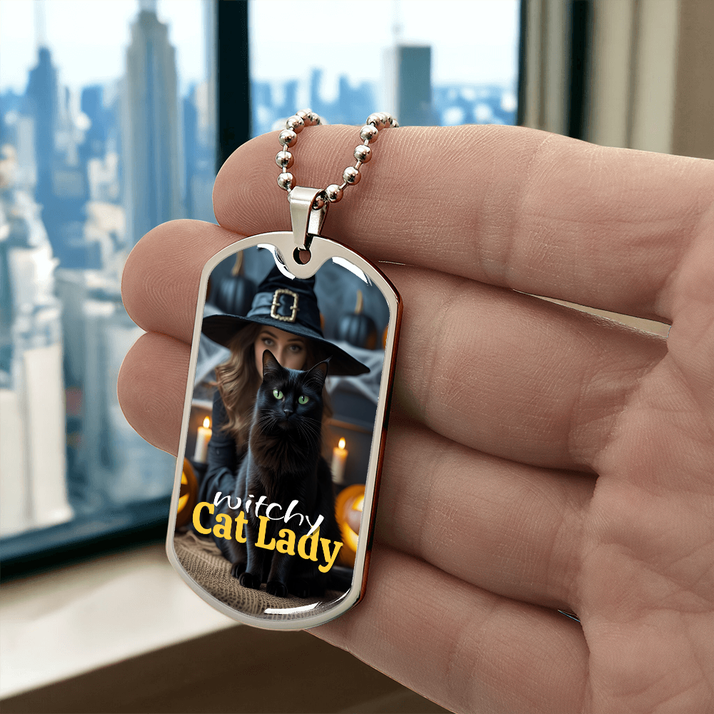Witchy Cat Lady Dog Tag Necklace