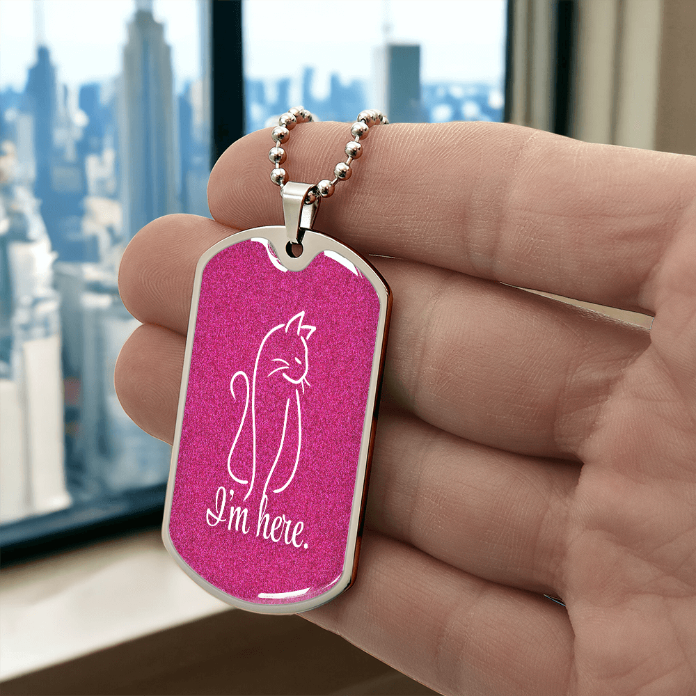 “I'm Here” Cat Line Art Dog Tag Necklace – Silver or Gold Finish