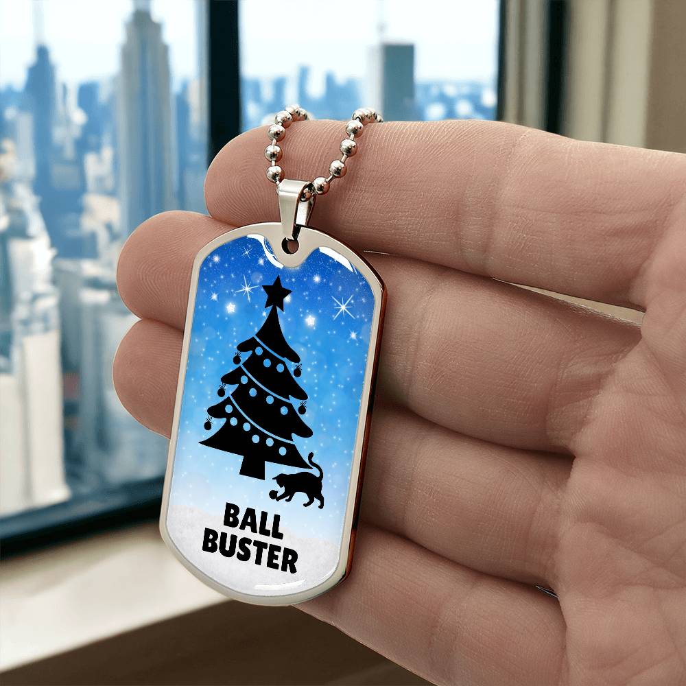 Photo depicting the ​Christmas Ball Buster Dog Tag Necklace from EpiAl's Shop.