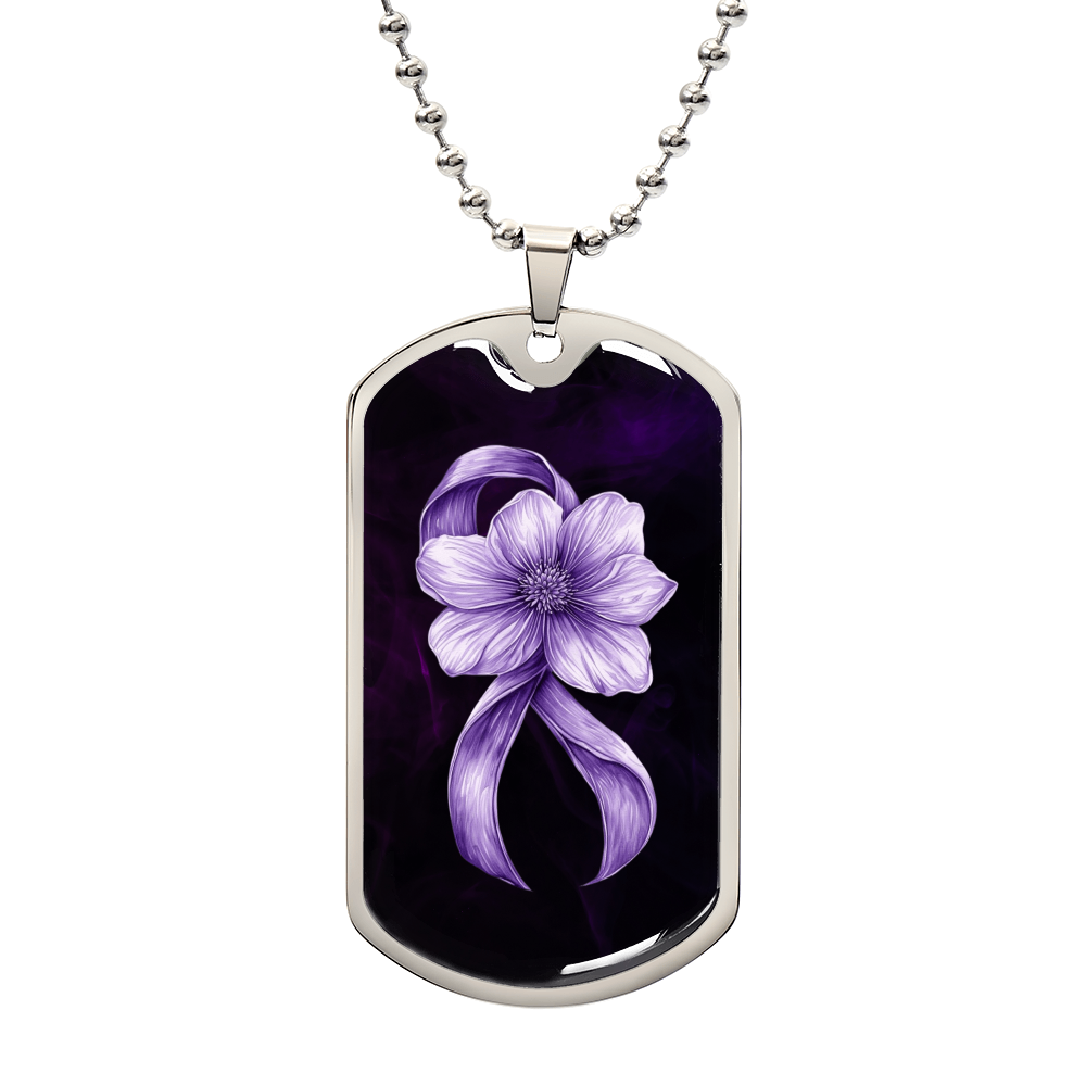 Flowery Purple Ribbon Dog Tag Necklace