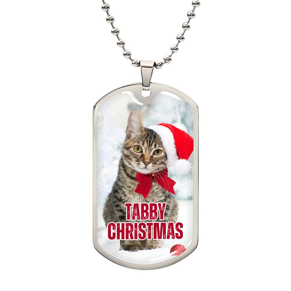 Photo depicting the ​Tabby Christmas Dog Tag Necklace from EpiAl's Shop.