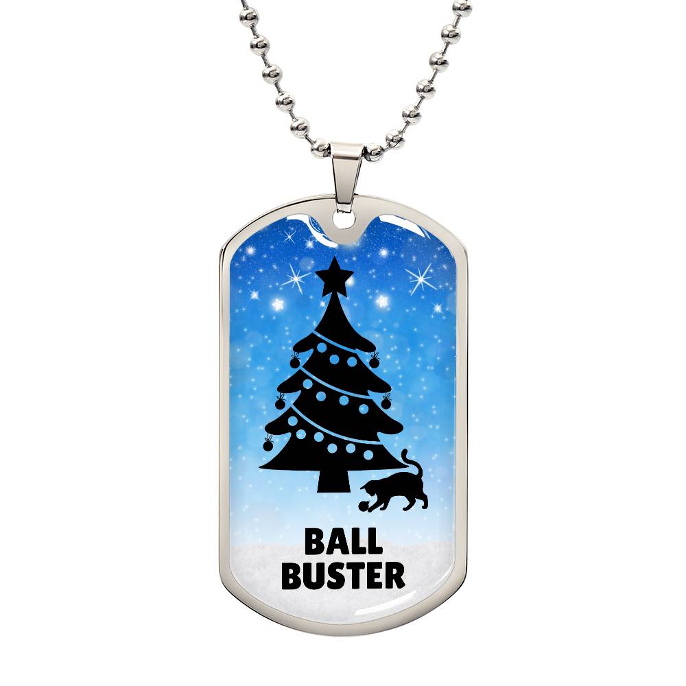 Photo depicting the ​Christmas Ball Buster Dog Tag Necklace from EpiAl's Shop.