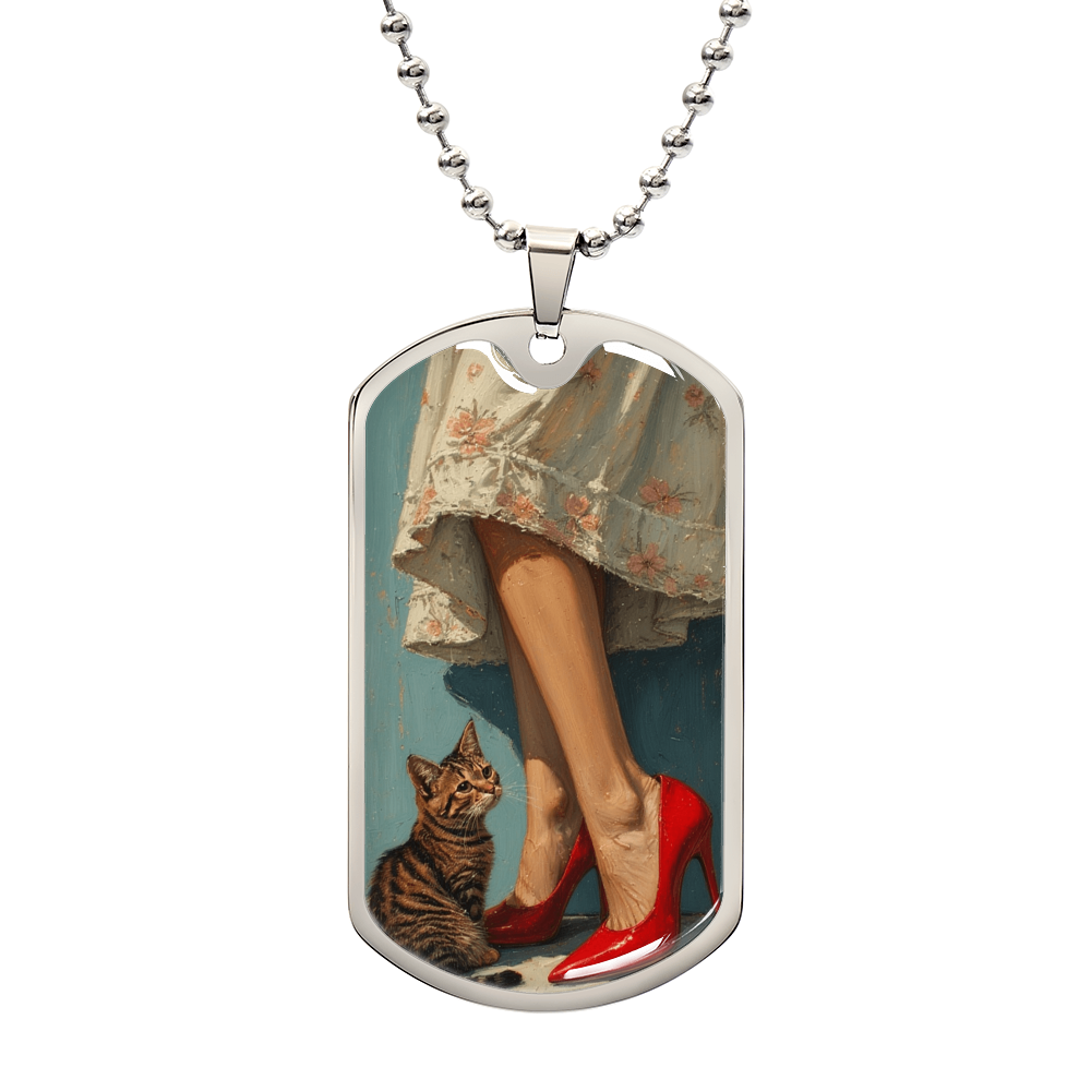 Cat Lady in Red Dog Tag Necklace