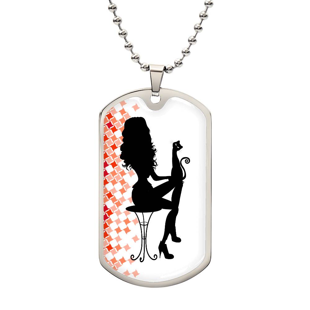 Photo depicting the ​Poised Cat Lady Dog Tag Necklace from EpiAl's Shop.