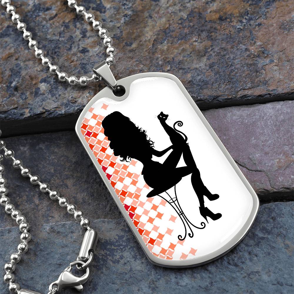 Photo depicting the ​Poised Cat Lady Dog Tag Necklace from EpiAl's Shop.