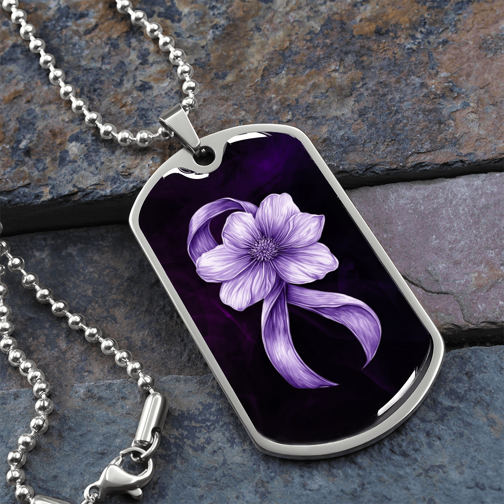 Flowery Purple Ribbon Dog Tag Necklace