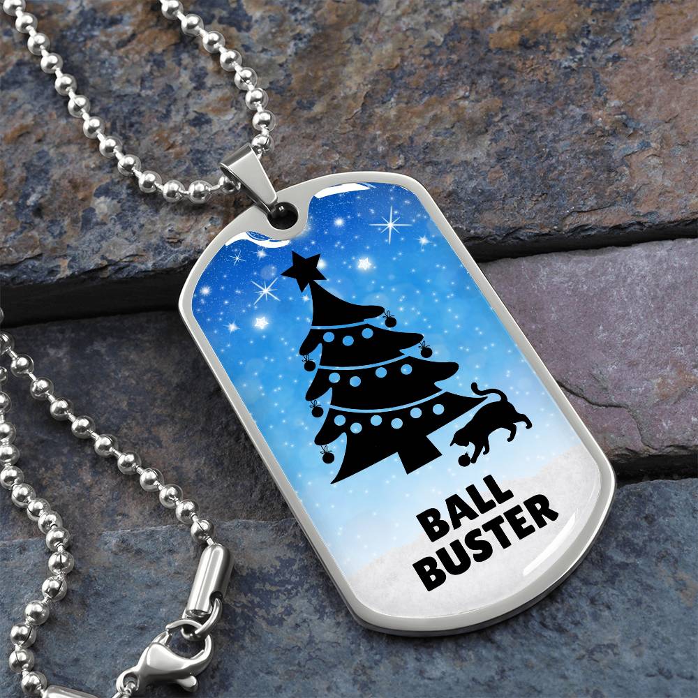 Photo depicting the ​Christmas Ball Buster Dog Tag Necklace from EpiAl's Shop.