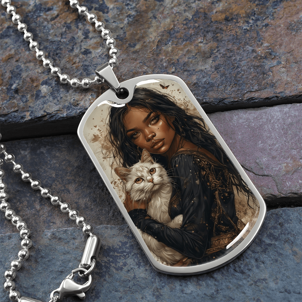 Beautiful Strong Cat Lady Dog Tag Pendant Necklace