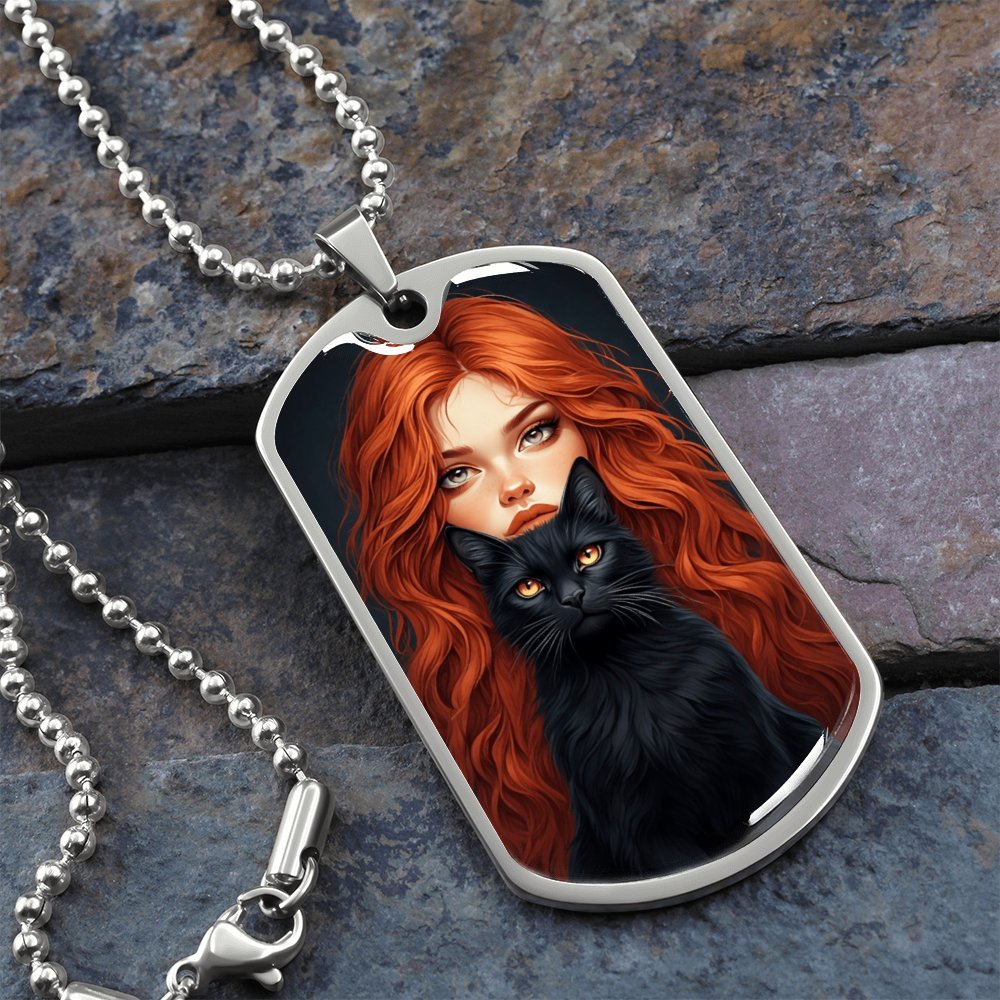 Red Haired Cat Lady Dog Tag Necklace