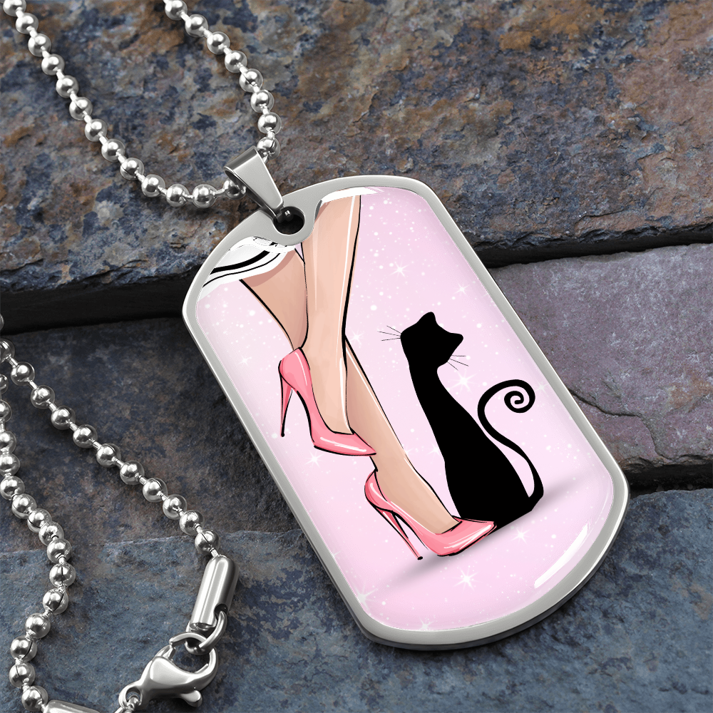 Pink Cat Lady Dog Tag Necklace