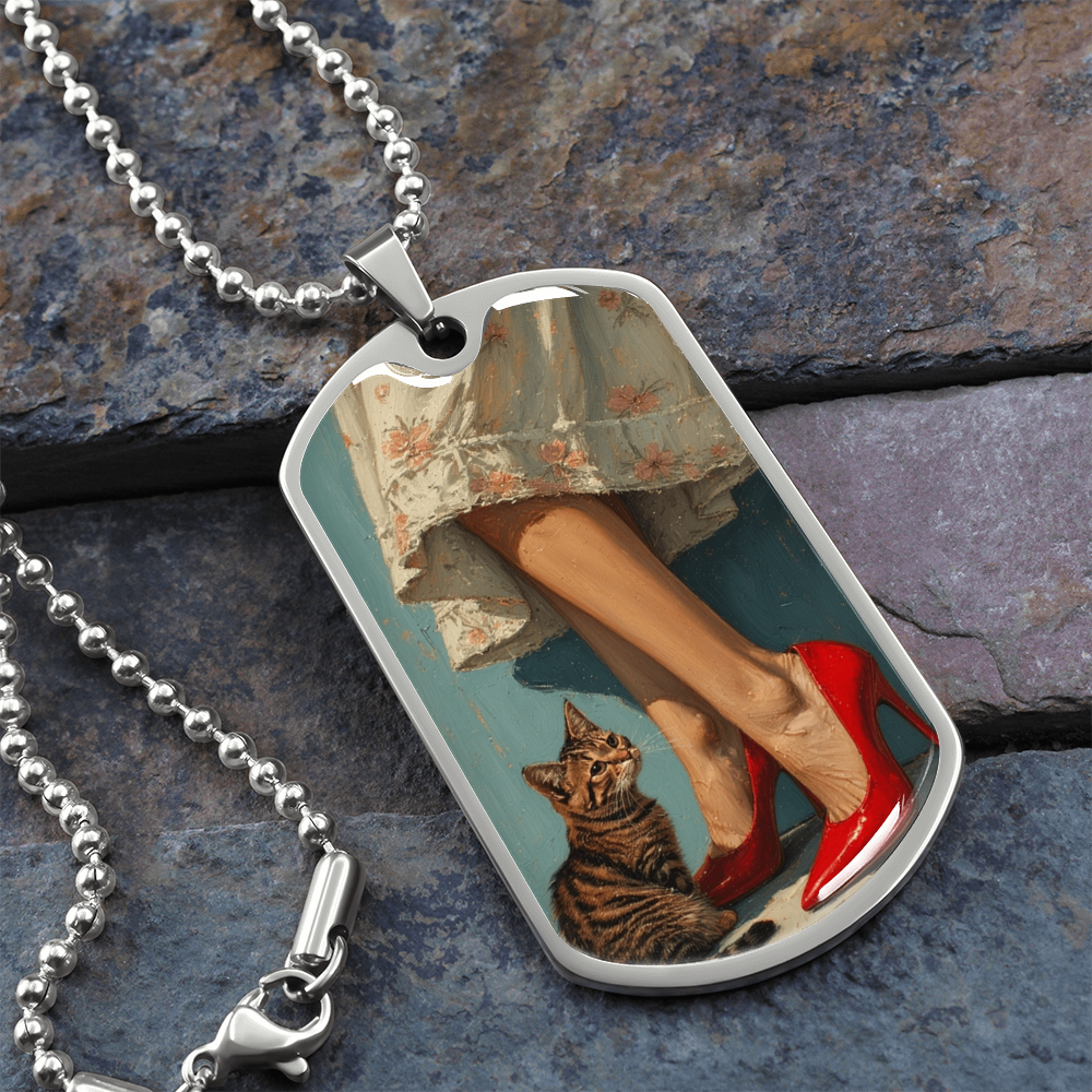 Cat Lady in Red Dog Tag Necklace
